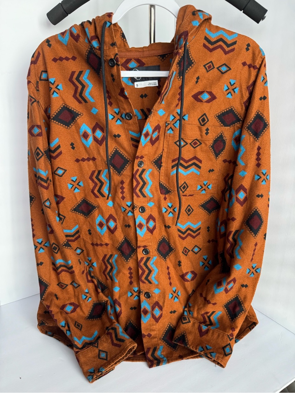 Original Use Hooded Button Front Shirt Jacket Southwestern Aztec Print Brown S